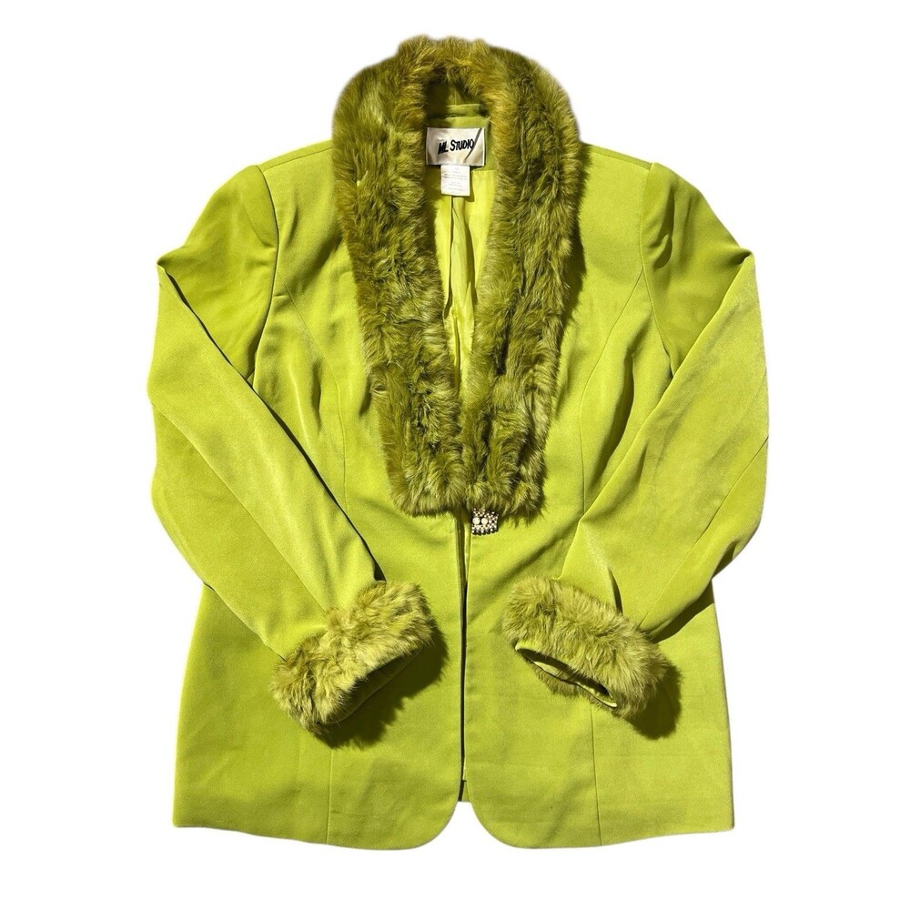 ML Studio green coat rabbit fur trim Y2K Glam Mob Wife Chic Sz 16